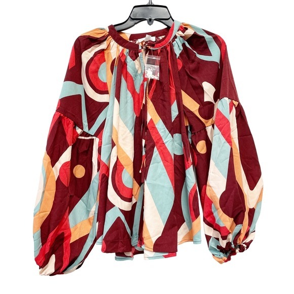 Anthropologie Tops - August Sky for Anthropologie Bright Abstract Print‎ Long Sleeve Blouse Size L
